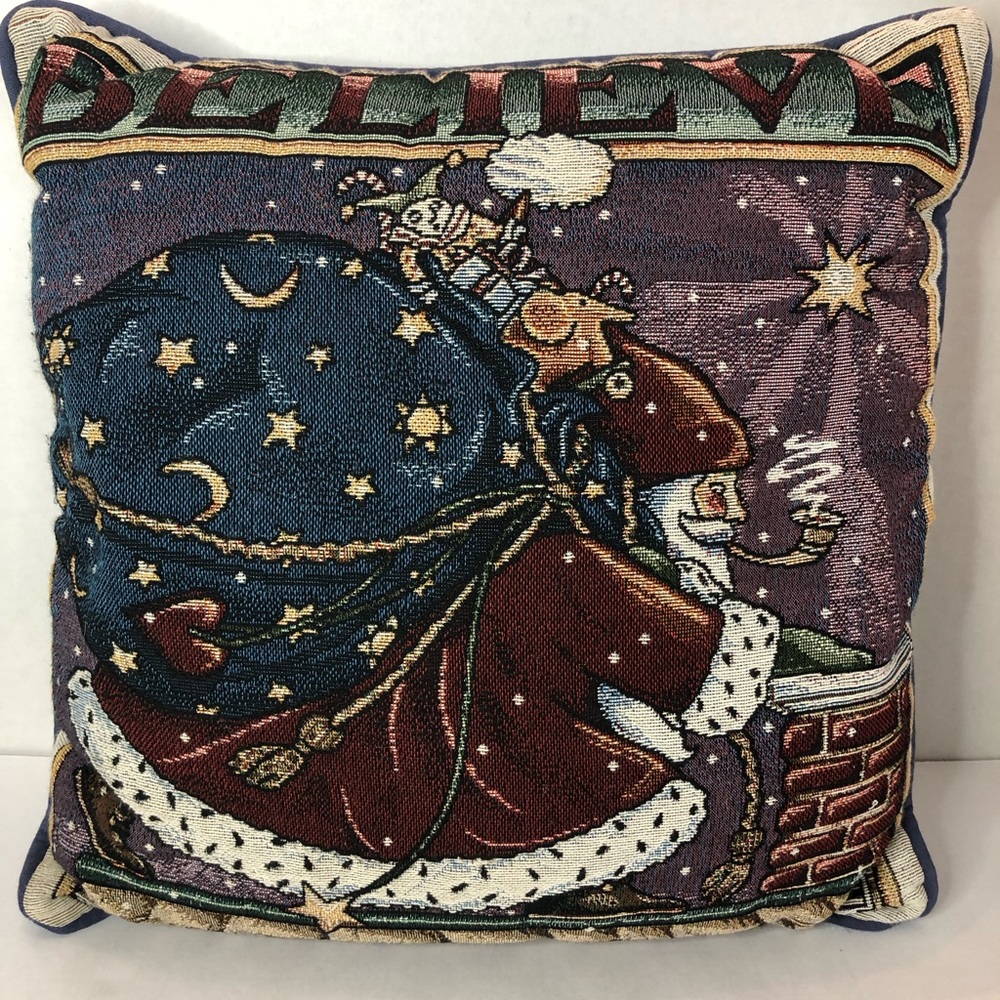 Mary Engelbreit Believe Santa Whimsical Tapestry Square Accent Christmas Pillow